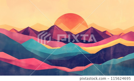Vibrant abstract illustration of mountain ranges with a warm sunset backdrop Vibrant abstract illustration of mountain ranges with a warm sunset backdrop 115624695