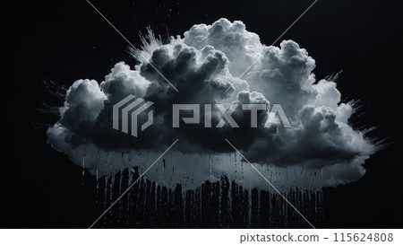 on a black background there is a white 3D cloud from which rain is pouring 115624808