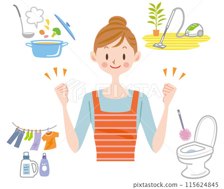 Housewife working hard at housework, mom, fist pump, housekeeping 115624845
