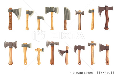 Axe set. Woodworking or lumberjack tools. Wood cuts. Medieval weapons. Design elements for logo, label, emblem. Vector clipart 115624911