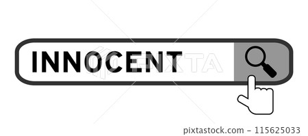 Search banner in word innocent with hand over magnifier icon on white background Search banner in word innocent with hand over magnifier icon on white background 115625033