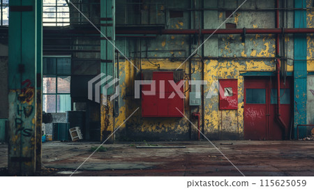 Exploring the desolate interior of an abandoned industrial warehouse with weathered walls, graffiti, and a rusty, aged atmosphere 115625059