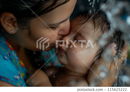 Loving mother gently kisses her baby during a soothing bath, sharing a bond of care and warmth 115625222