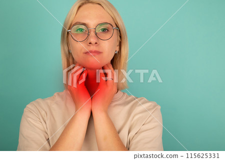 Sick woman suffer from sore throat touch enlarged lymph nodes staying home on sick leave. Sick woman suffer from sore throat touch enlarged lymph nodes staying home on sick leave. 115625331