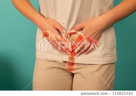 beautiful young woman with hologram reproductive system beautiful young woman with hologram reproductive system 115625343