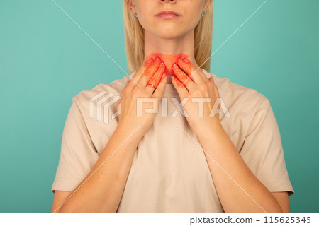 The photo of thyroid is on the human body, Women thyroid gland control 115625345