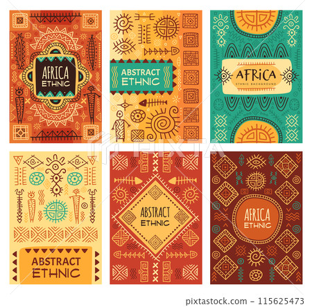 African posters. Drawn geometric tribal symbols for placards design projects recent vector templates of african ornaments African posters. Drawn geometric tribal symbols for placards design projects recent vector templates of african ornaments 115625473