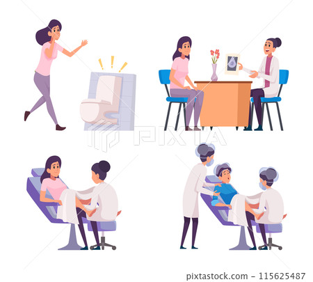 Pregnancy stages. Maternity planning gynecologist examining before childbirth in medical clinic exact vector pregnancity concept pictures 115625487