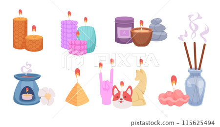 Aroma candles. Various types of wax decorative candles with good smell in massage room or meditation saloon exact vector set illustrations of hand made candles Aroma candles. Various types of wax decorative candles with good smell in massage room or meditation saloon exact vector set illustrations of hand made candles 115625494