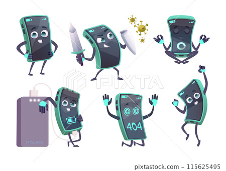 Smartphone character. Cute mascot cell phone gadget in action pose chatbot fight with viruses exact vector smartphone with different emotional faces 115625495