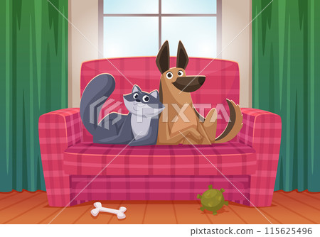 Playing cat dogs. Domestic pets in living room hugging exact vector background illustration 115625496