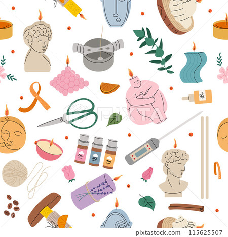 Aroma candles pattern tools for candles production decorative wax in various forms round pillars with fire seamless template 115625507