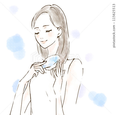 Smiling woman combing her hair with a brush, relaxing, scalp care 115625513
