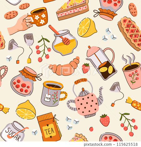 Tea pattern lemon sugar cakes tasty products for tea time vector seamless background 115625518