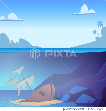 Sunken ship wreck old board from ship underwater vector sea or ocean landscape Sunken ship wreck old board from ship underwater vector sea or ocean landscape 115625521