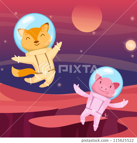 Space animals cartoon astronauts funny pets in costumes flying in cosmos open space 115625522