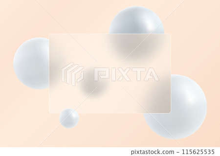 Glass morphism landing page with rectangular frame, illustration with blurry floating spheres. Glass morphism landing page with rectangular frame, illustration with blurry floating spheres. 115625535