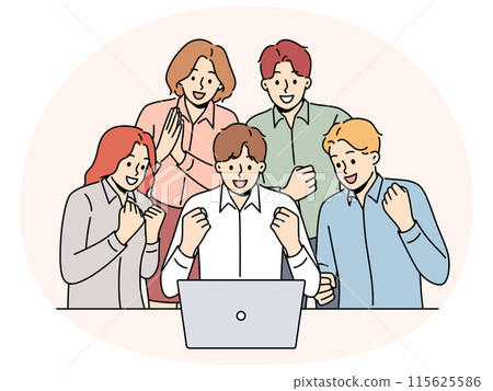 Smiling team celebrate shared business success Smiling team celebrate shared business success 115625586