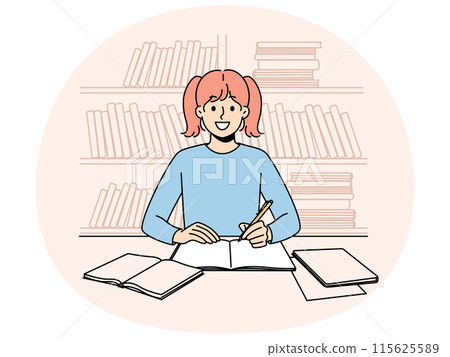 Smiling girl sit at desk for homework 115625589