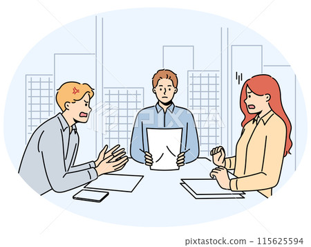 Angry couple argue at lawyer office Angry couple argue at lawyer office 115625594