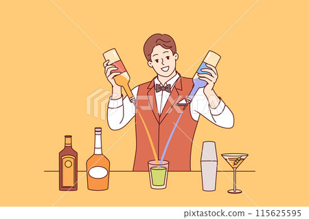 Man bartender mixes cocktail from different alcoholic drinks standing at bar counter of nightclub Man bartender mixes cocktail from different alcoholic drinks standing at bar counter of nightclub 115625595