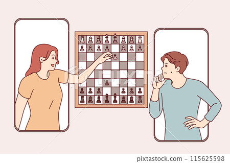 Chess game in mobile phone application between man and woman competing in intellectual game Chess game in mobile phone application between man and woman competing in intellectual game 115625598