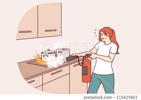 Woman puts out fire in kitchen with fire extinguisher, and panics for fear of combustion spreading Woman puts out fire in kitchen with fire extinguisher, and panics for fear of combustion spreading 115625601