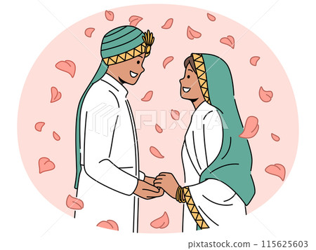 Smiling Arabic bride and groom wedding ceremony Smiling Arabic bride and groom wedding ceremony 115625603
