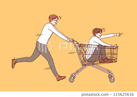 Business man rides partner on carts from supermarket, for concept managing retail company or store Business man rides partner on carts from supermarket, for concept managing retail company or store 115625616
