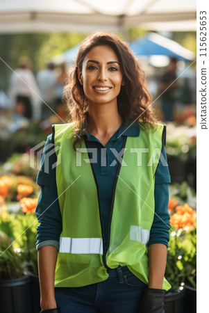 Smiling Woman in High-Visibility Vest at Community Event Smiling Woman in High-Visibility Vest at Community Event 115625653