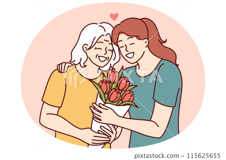 Woman hugs elderly mother and gives bouquet of flowers congratulating with birthday or mother day 115625655