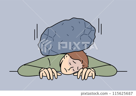 Huge load of stone lies on man back, putting pressure on tired clerk in need of help 115625687