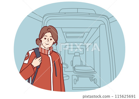 Woman EMS paramedic proudly stands by ambulance before leaving as patient in need of treatment Woman EMS paramedic proudly stands by ambulance before leaving as patient in need of treatment 115625691