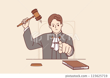 Stern judge man pronounces verdict and points finger at screen after hitting gavel Stern judge man pronounces verdict and points finger at screen after hitting gavel 115625719