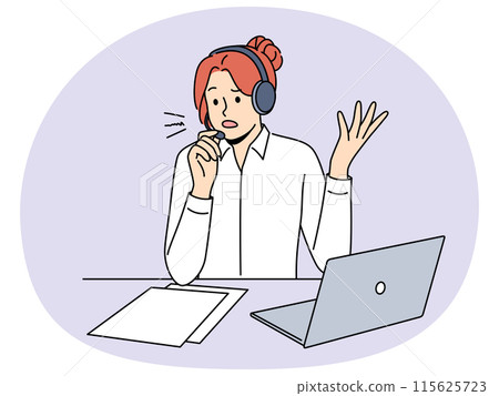 Call center agent in headset consult client 115625723