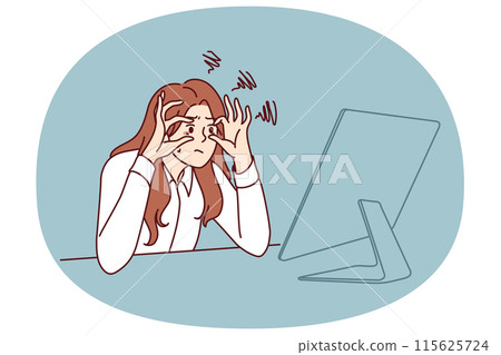 Sleepy woman trying to stay awake sitting at workplace with monitor is feeling tired due to overwork 115625724