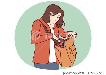 Woman looks into large bag hanging on shoulder in search of wallet or phone lost in handbag Woman looks into large bag hanging on shoulder in search of wallet or phone lost in handbag 115625729
