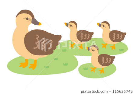 A relaxed hand-drawn procession of ducks and their parents 115625742