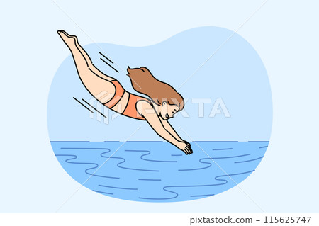 Little girl dives into pool to swim in water or enjoy swim in sea to cool off from hot sun 115625747