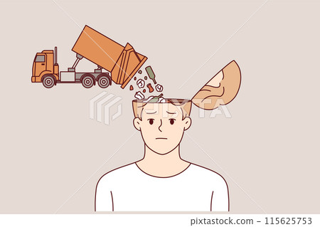 Men need information detox to clear garbage in heads poured out of truck symbolizing fake news 115625753