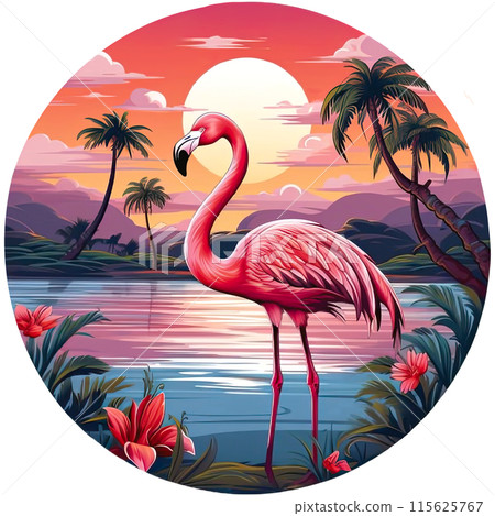 Hawaiian flamingo among palm trees, tropical plants and flowers 115625767