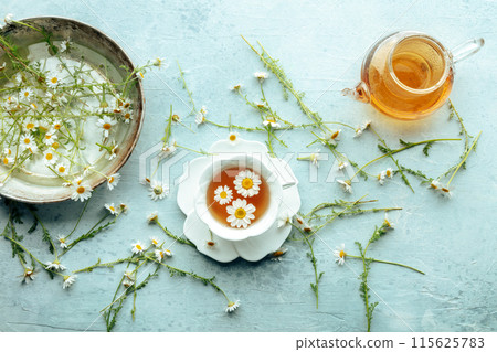 Chamomile flower tea. A tea cup and a tea pot with fresh medicinal flowers 115625783