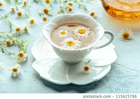 Chamomile flower tea. A tea cup and a tea pot with fresh medicinal flowers 115625788
