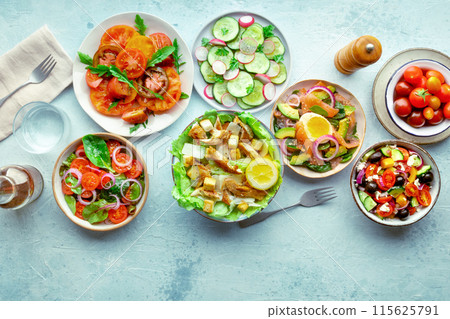 Fresh salads, overhead flat lay shot of an assortment Fresh salads, overhead flat lay shot of an assortment 115625791