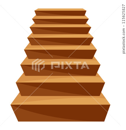 Game castle stairs in cartoon style. Medieval ancient ladder flights without railings, wood step treads and rock risers with cracked details. Vector staircase isolated on white 115625827