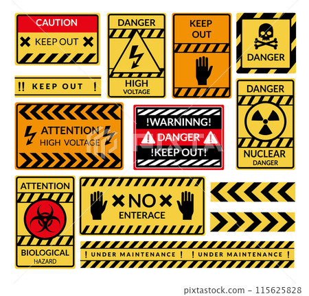 Danger warning boards icon set. Caution and dangerous areas. Yellow signs for safety, hazard shock. Keep out caution warning and risk zone. Vector cartoon illustration 115625828