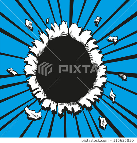 Comic book hole. Vector paper is torn through boom explosion. Circle hole in the middle on color background. Comic style cover template or flyer wallpapers Comic book hole. Vector paper is torn through boom explosion. Circle hole in the middle on color background. Comic style cover template or flyer wallpapers 115625830