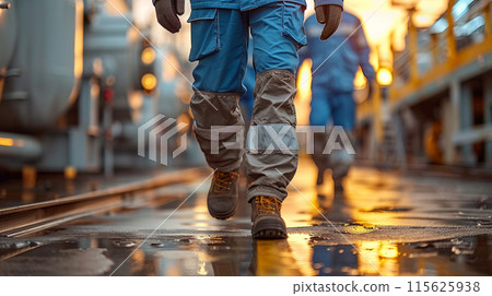 Workers protective walking through industrial plant, highlighting hard work dedication industrial 115625938