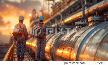 Worker uniform industrial plant, makes survey, checking equipment against background 115625956