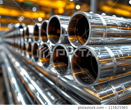 Stack of steel pipes warehouse blurred background. Construction and material supply concept Stack of steel pipes warehouse blurred background. Construction and material supply concept 115625965